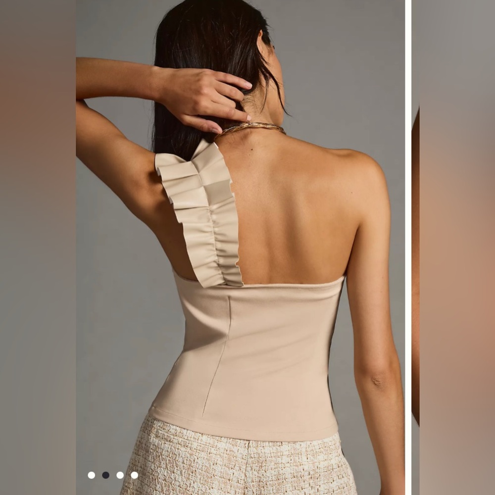 Sunday in Brooklyn One-Shoulder Ruffled Faux Leather Top. Light Sand color - Picture 2 of 6